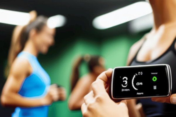 A person measuring their progress on a fitness tracking device during a group fitness class